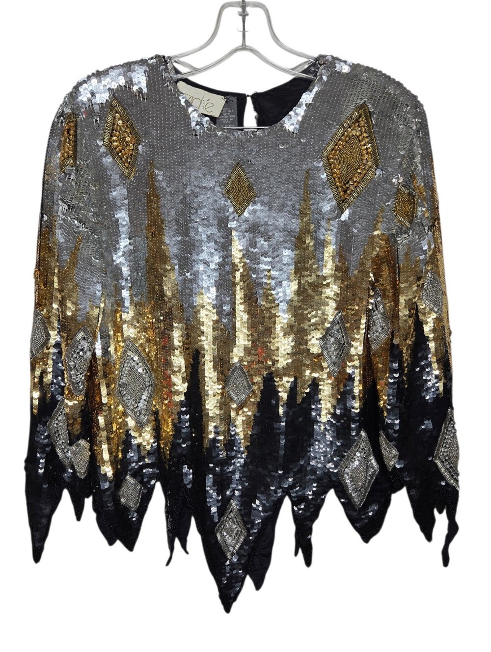 CACHE Sequin Silk  Ombre Vintage  Top in Silver, Gold & Black